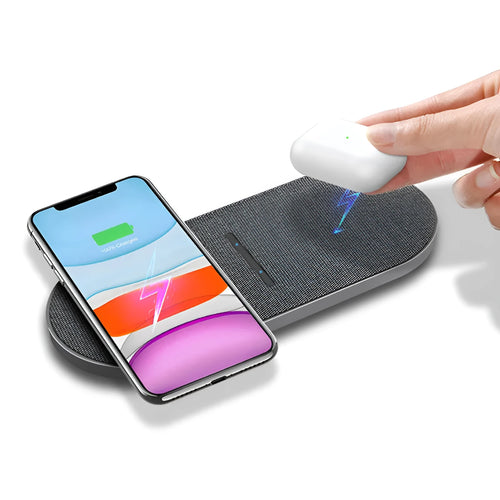 Black dual wireless charging pad with two 10W charging zones and Type-C/USB input ports