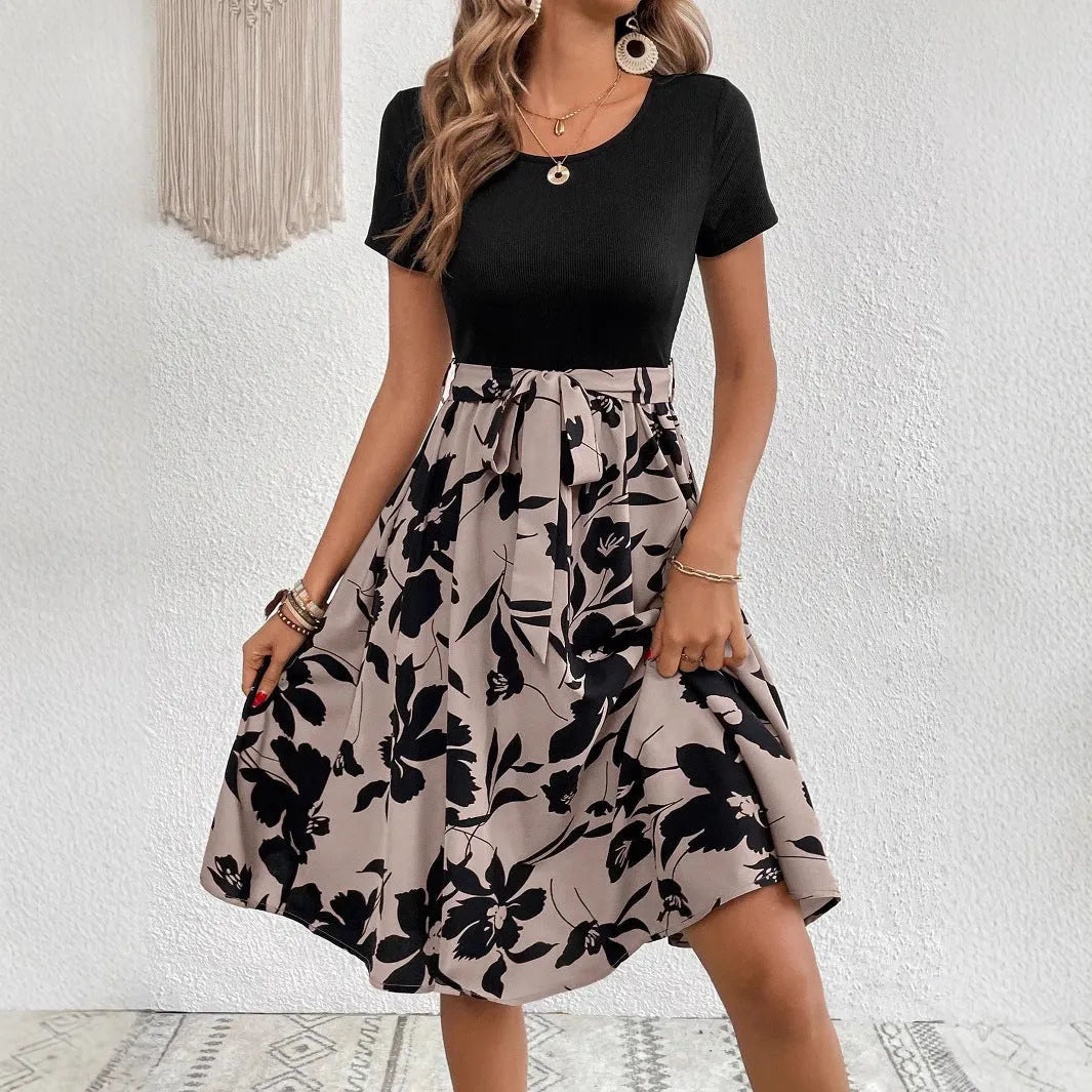 Women's floral print A-line dress with lace-up detail and shoulder straps in khaki colour