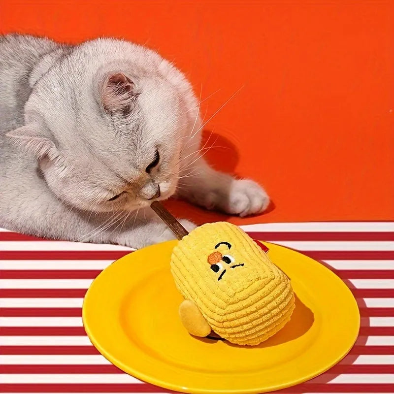 Corn cob shaped wooden cat tooth cleaning toy with catnip, 7cm diameter