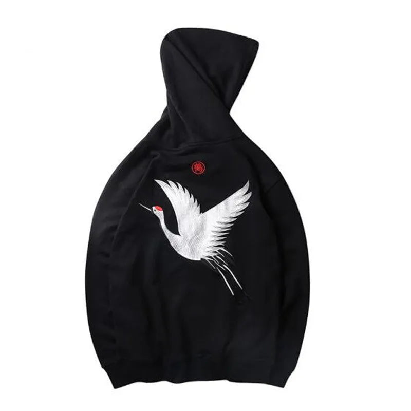 Front view of black cotton hip hop hoodie with embroidered detailing, size M