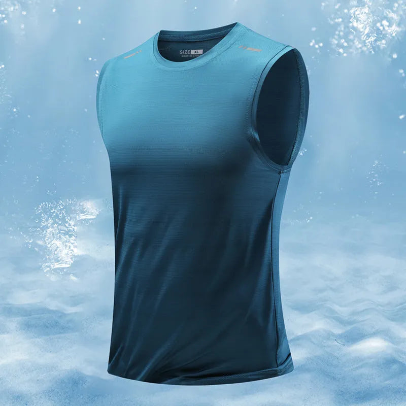 Men's loose-fit sleeveless waistcoat vest in a solid colour on a hanger.