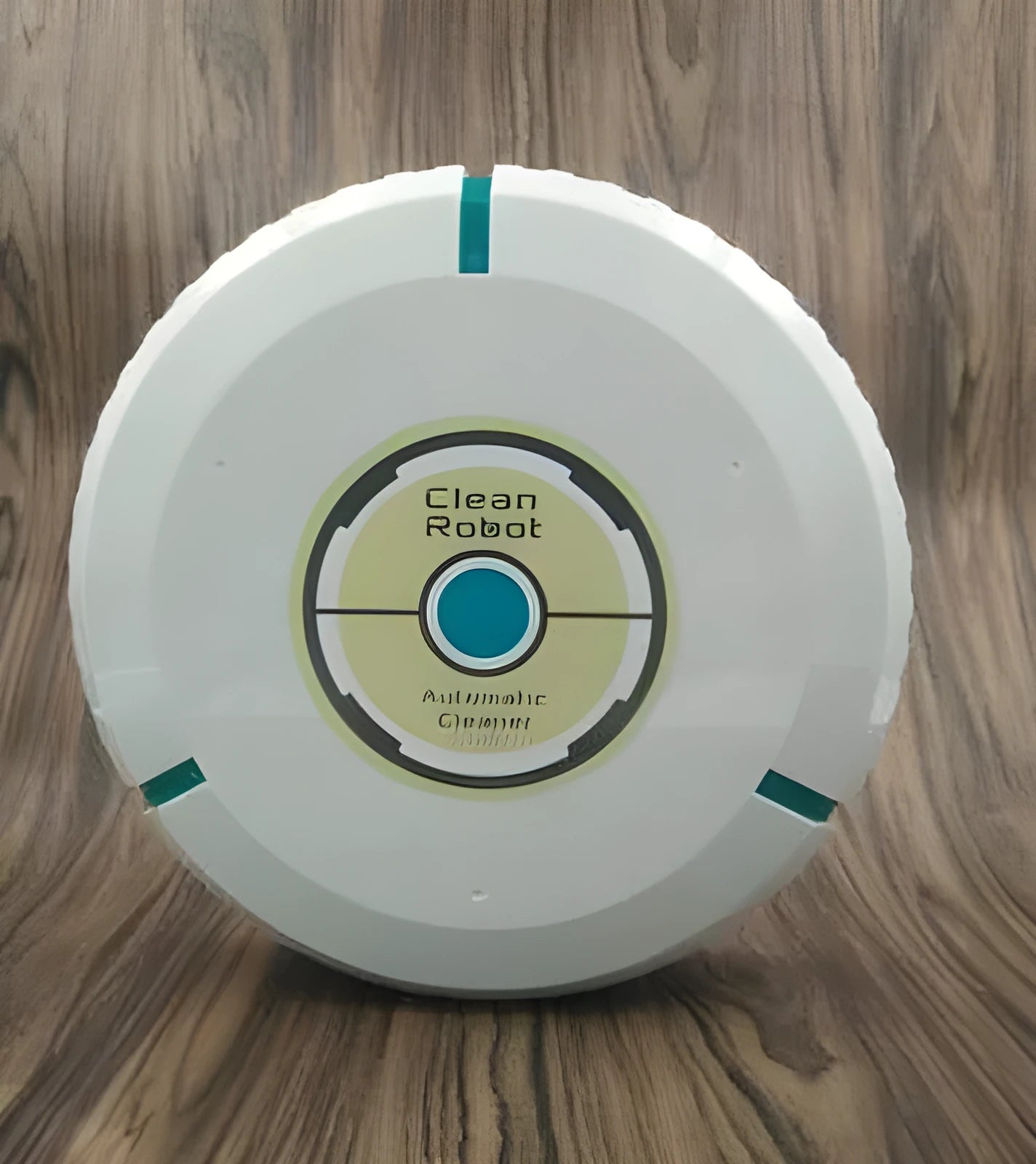 Black and white AC Sweeping Robot automatic vacuum cleaner on a hardwood floor.