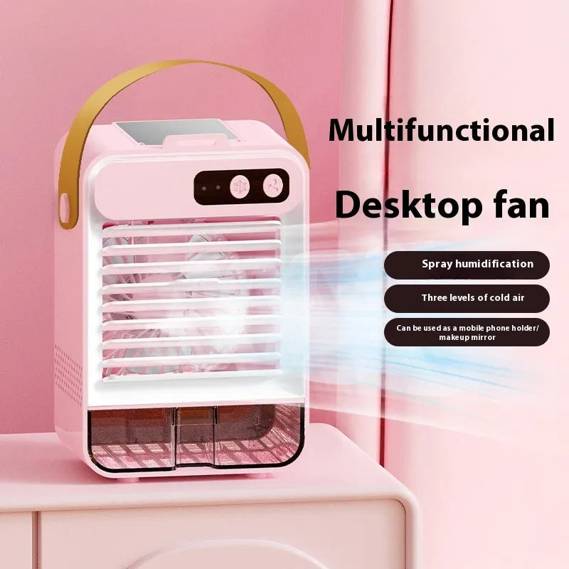 Dark green portable desktop humidifier with USB port on a wooden desk.