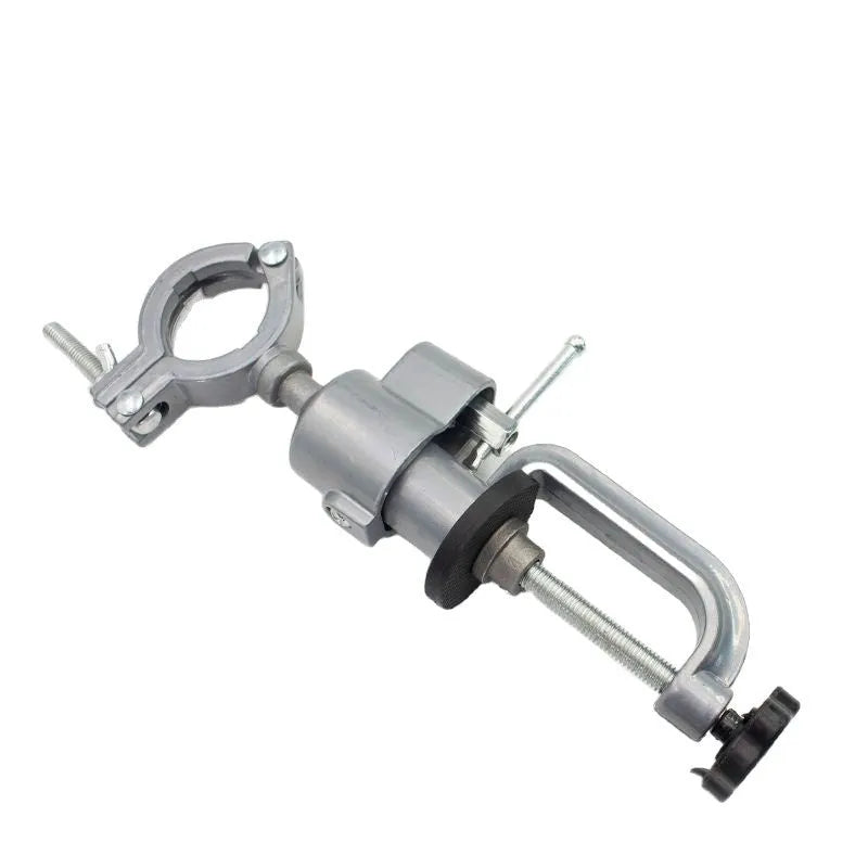 360-degree rotating bench vise with tungsten steel construction showing bracket clamp mechanism