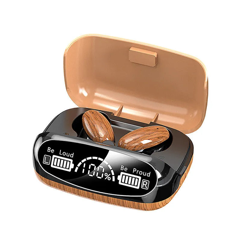 M35 wood grain finish wireless TWS earphones with charging case on display