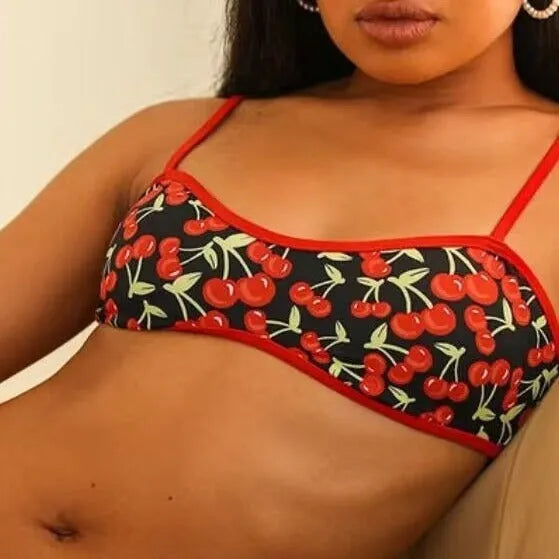 Women's cherry print polyester bikini swimsuit set with tube top and briefs