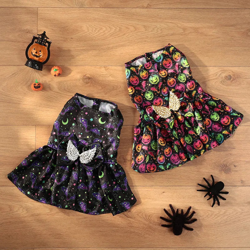 Angel wings Halloween dog costume in bright pumpkin or bat design on dog model