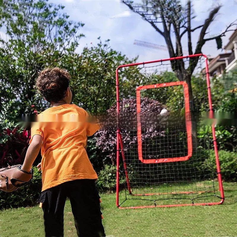 Red adjustable 4x6FT baseball training net with metal frame for backyard practice