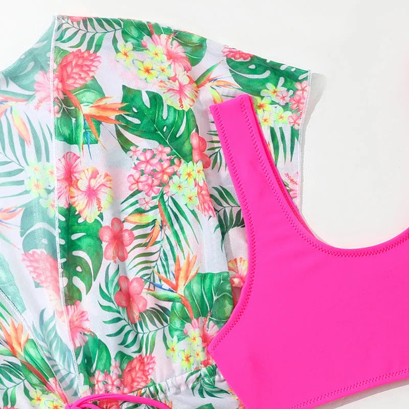 Girls' floral two-piece swimsuit with matching split overlayer in polyester fabric
