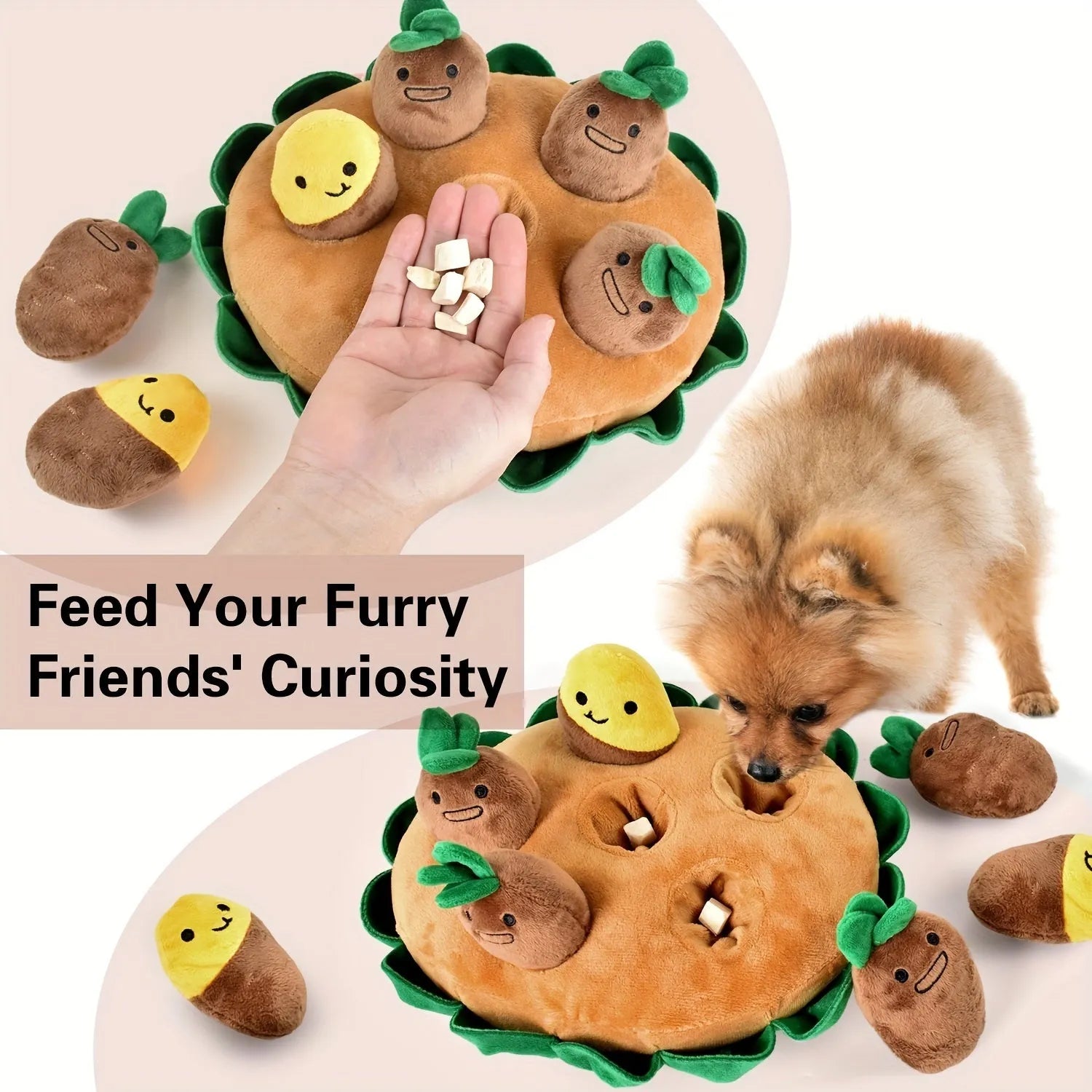 Yellow interactive dog puzzle toys with removable squeaky plush for foraging training and slow feeding