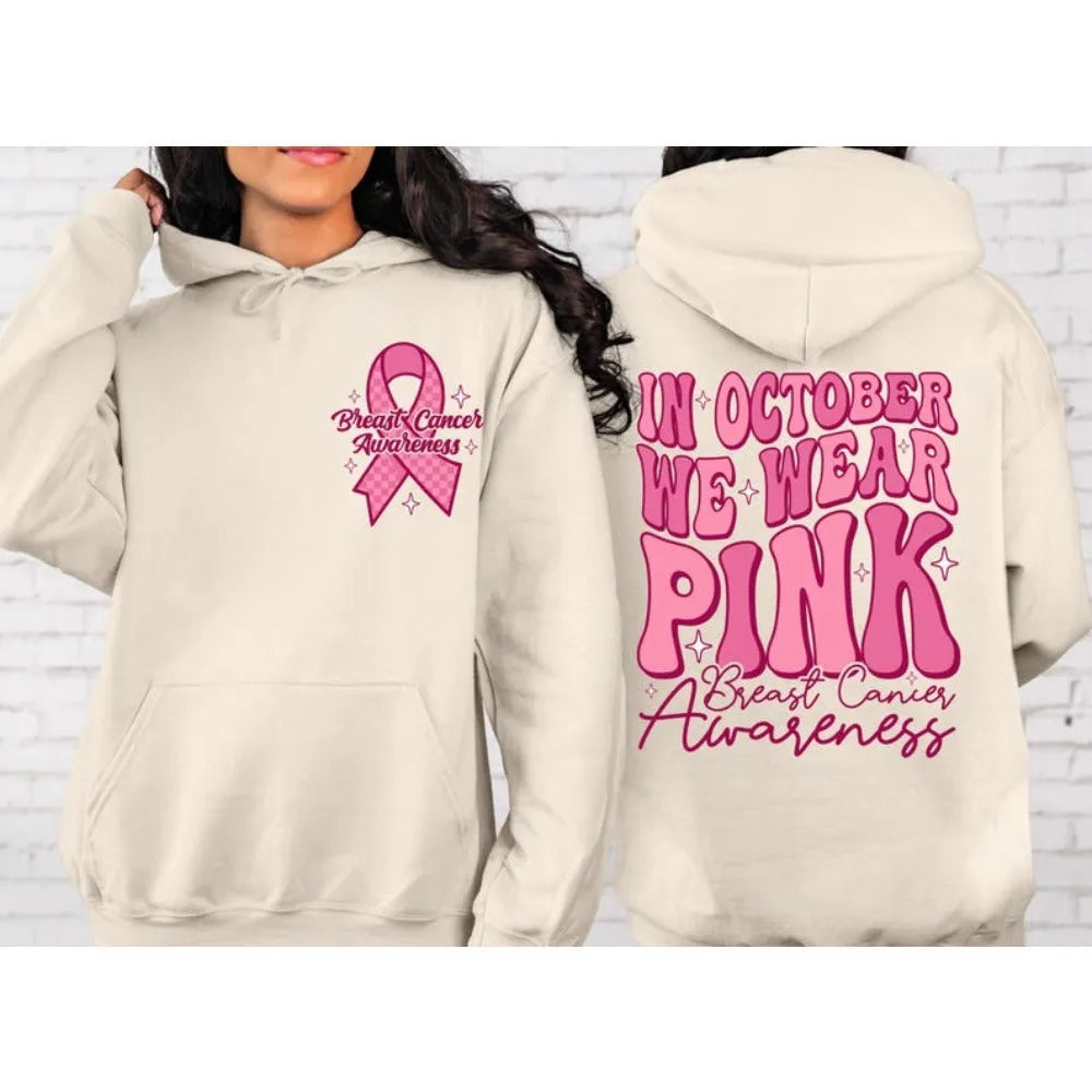 Breast Cancer awareness pullover hoodie with retro pattern and side seam pockets in a chosen colour