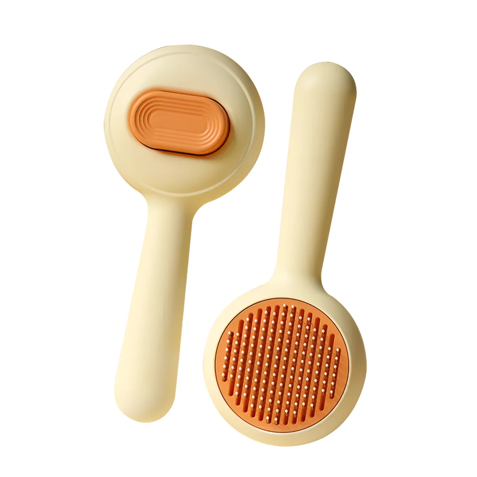 Green cat grooming brush with stainless steel teeth and non-slip handle for pet hair removal