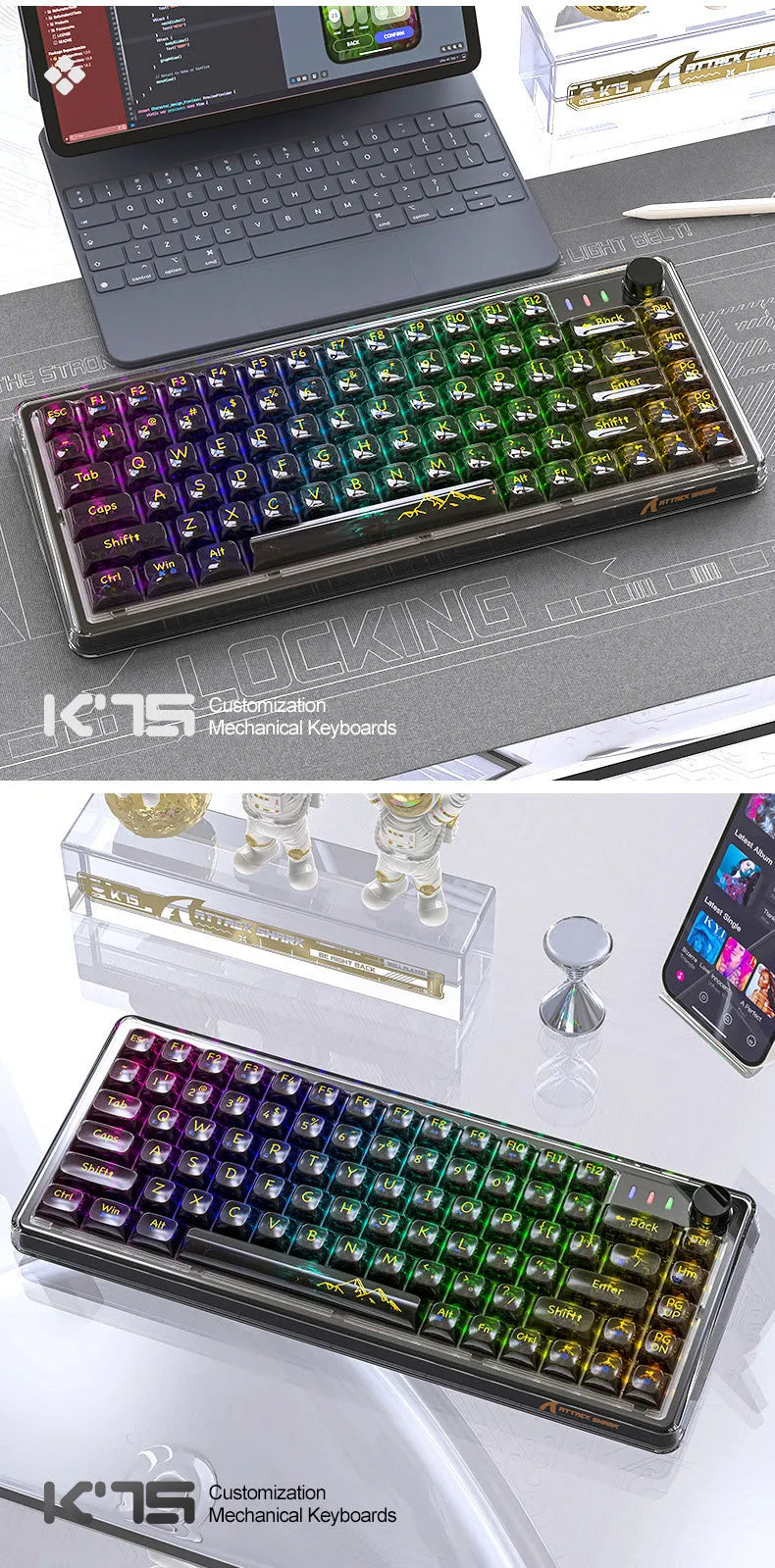 Attack Shark K75RGB wireless mechanical keyboard with transparent white case and RGB backlighting on a desk.