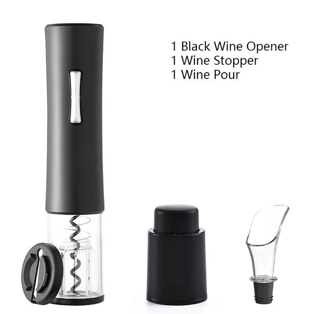 Automatic electric wine opener set with foil cutter stopper and pourer in black finish