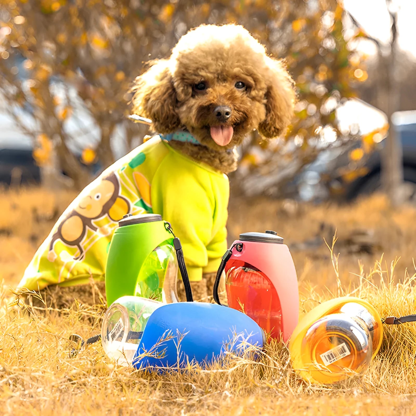 Portable pet water bottle with drinking bowl in sky blue colour showing 680ml capacity and carrying options