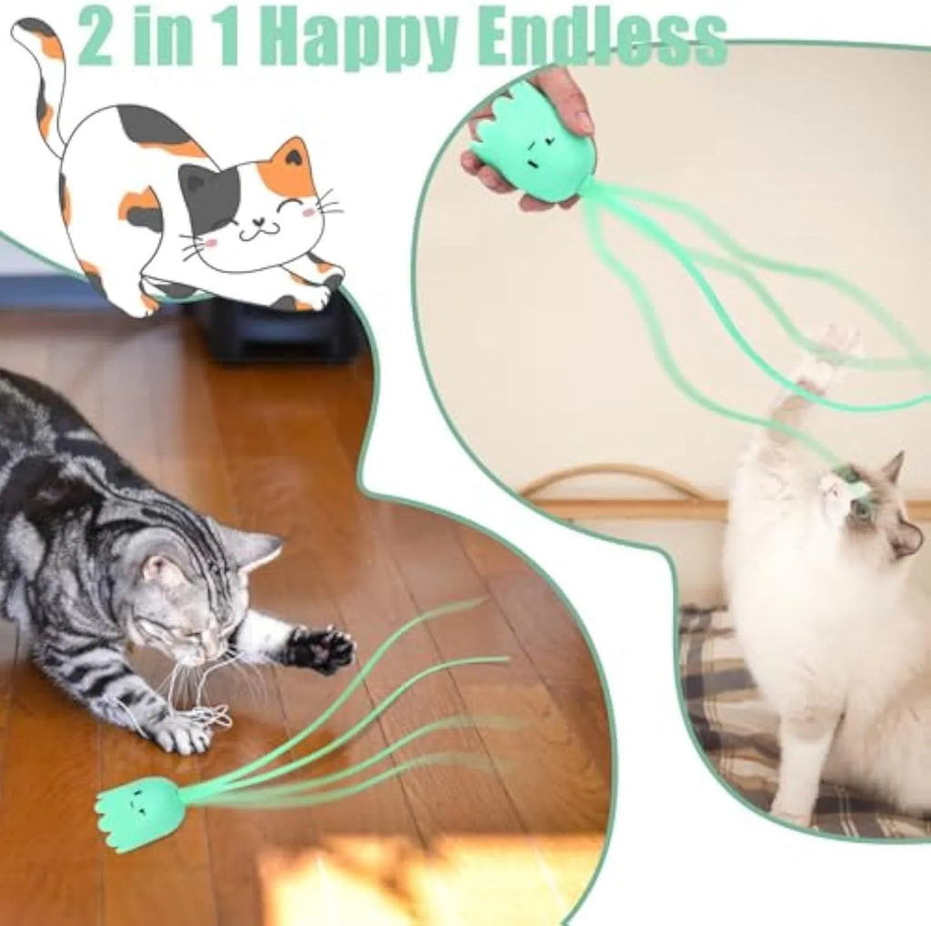 Green automatic cat wand toy with swinging silicone tails on wooden floor
