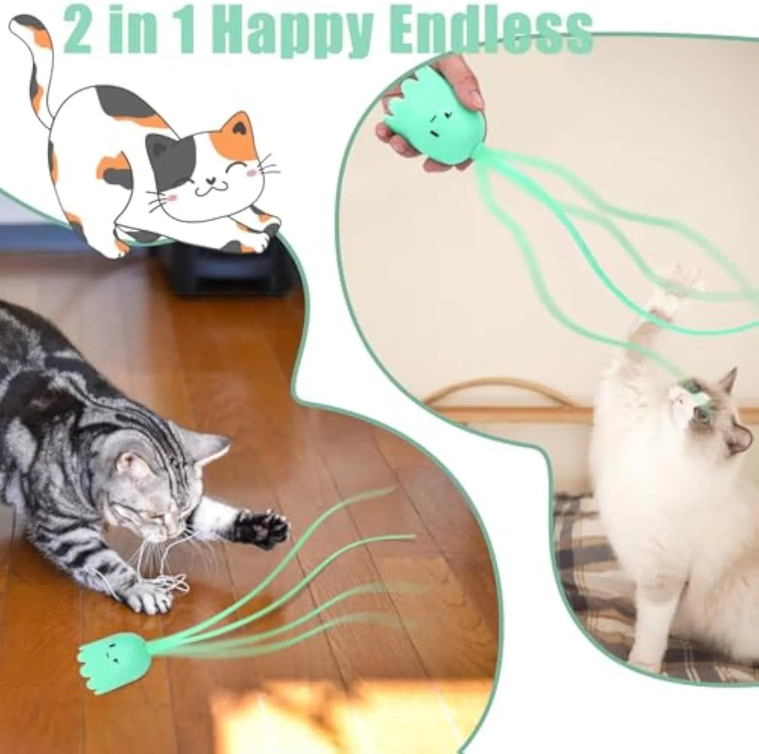 Green automatic cat wand toy with swinging silicone tails on wooden floor
