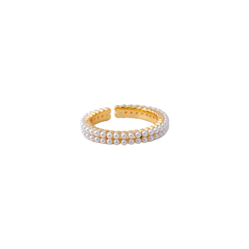 Gold geometric open mouth women's ring with round pearl-like elements on copper base