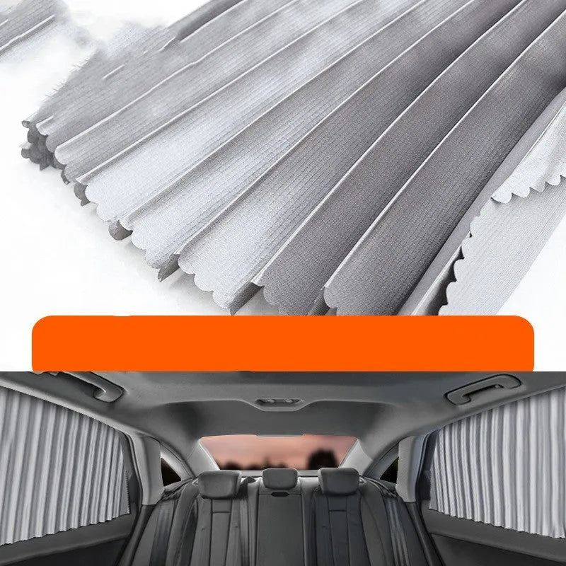 Auto-retractable roller shutter car sunshade curtain in thick opaque cloth.