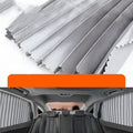 Auto-retractable roller shutter car sunshade curtain in thick opaque cloth.