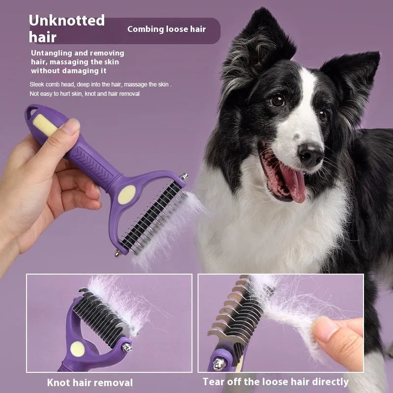 Purple double-sided plastic pet comb for removing knots from cat and dog fur