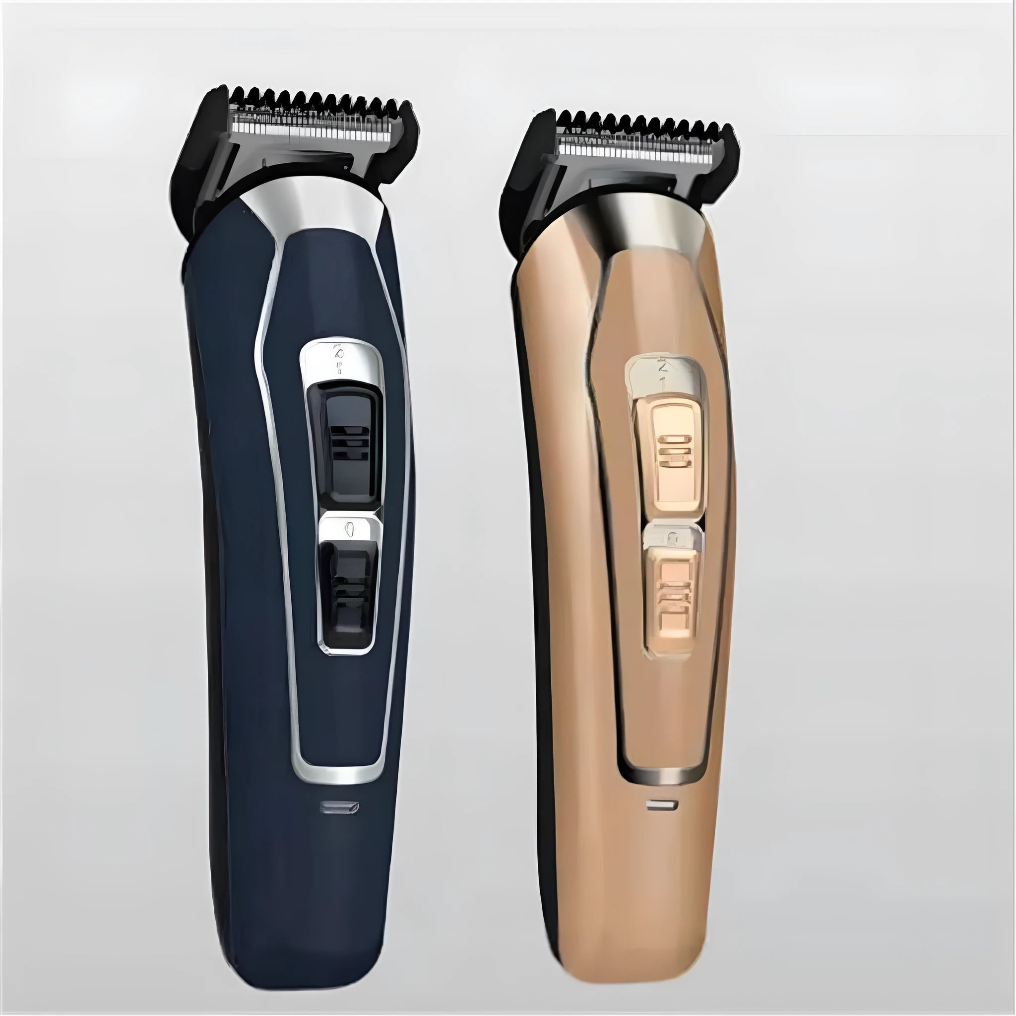 Dark blue and coffee coloured rechargeable cordless electric hair clipper with stainless steel blades