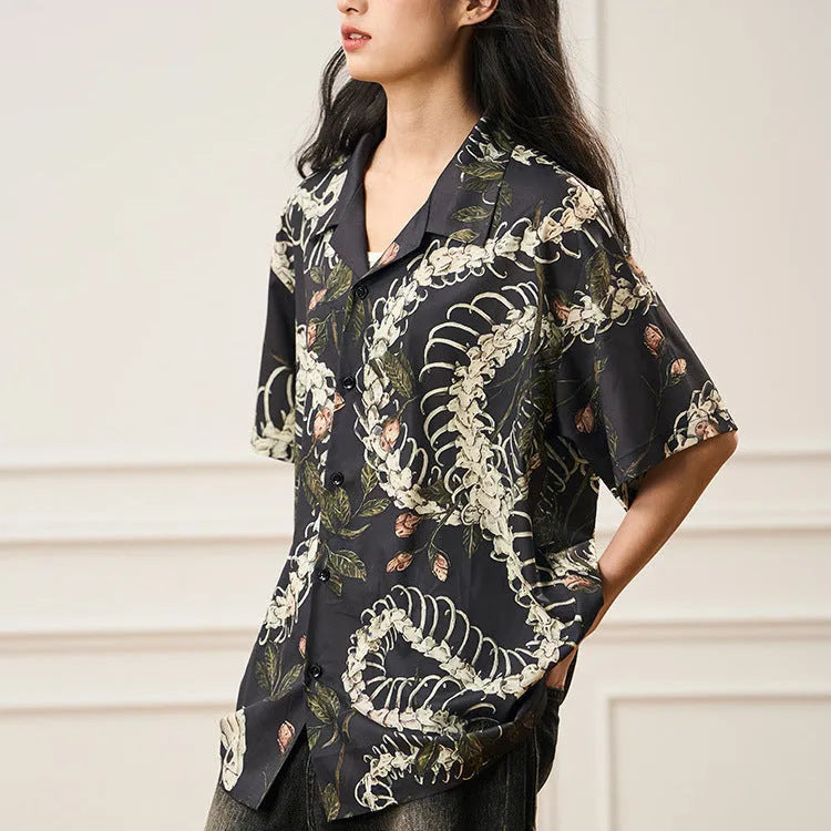 Short sleeve Cuban collar shirt with snake bone flower pattern printed on acetate fabric