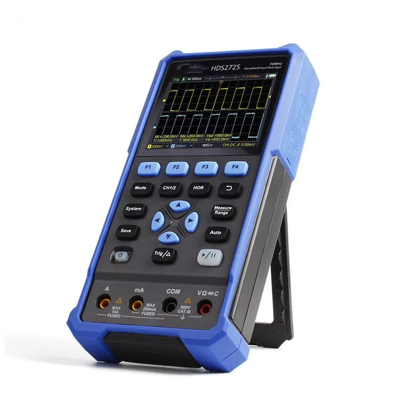 Owon HDS272 handheld digital oscilloscope with probe and accessories for portable testing