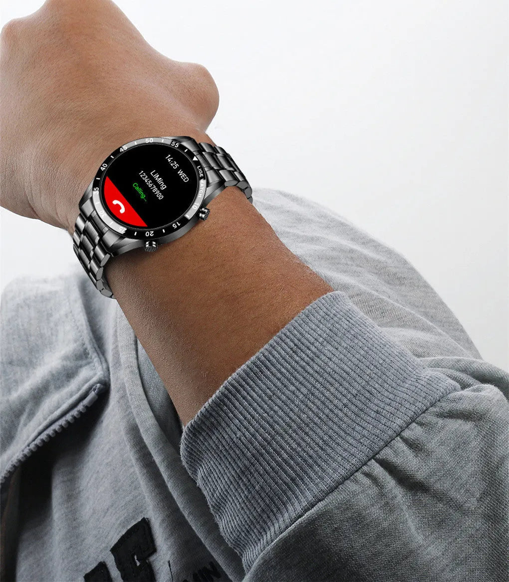 Smart watch with stainless steel wristband and 1.3-inch touch screen display showing step counter interface