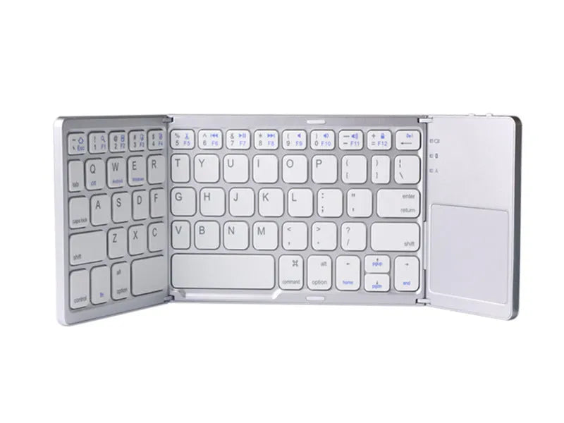 Ultra-thin tri-fold folding Bluetooth keyboard with touchpad shown in black and silvery white colours