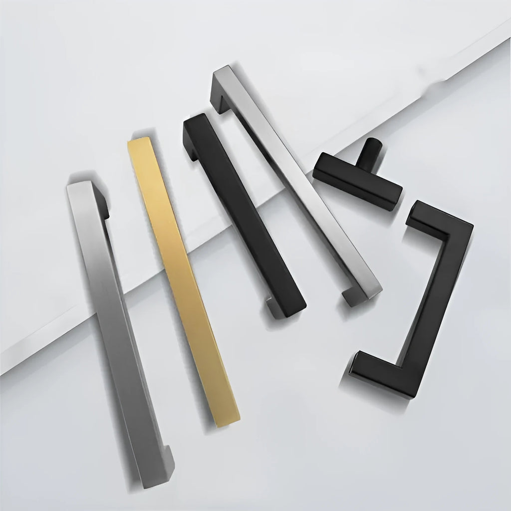Stainless steel square pipe cabinet door handle in brushed silver finish showing its dimensions.