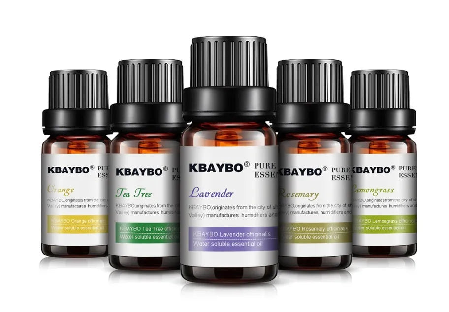Set of six 10ml glass bottles of botanical aromatherapy essential oils in Lavender, Lemongrass, Tea Tree, Peppermint, Rosemary, and Orange