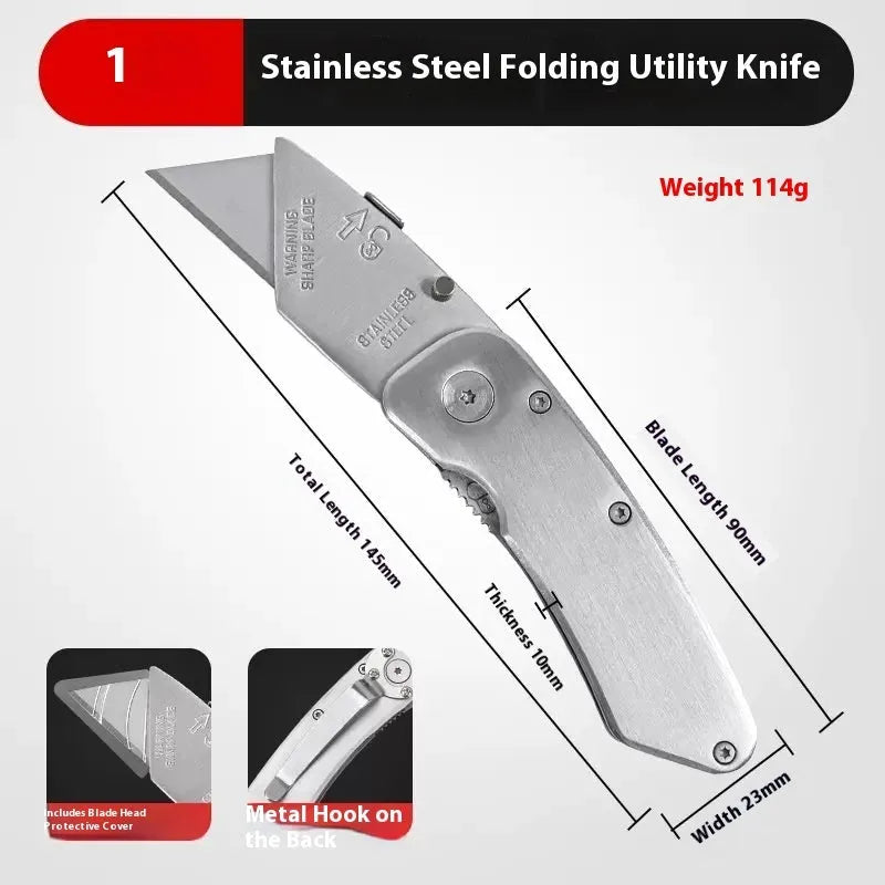 Stainless steel folding art knife with black blade and a set of spare long and trapezoidal blades.