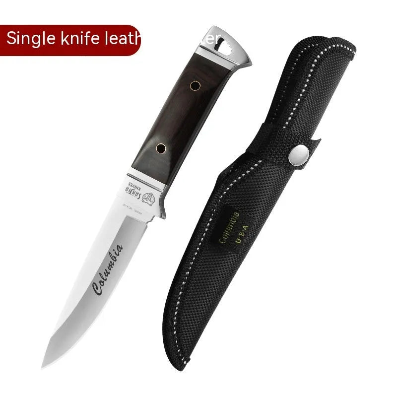 Stainless steel national style folding camping knife displayed with its leather storage case.