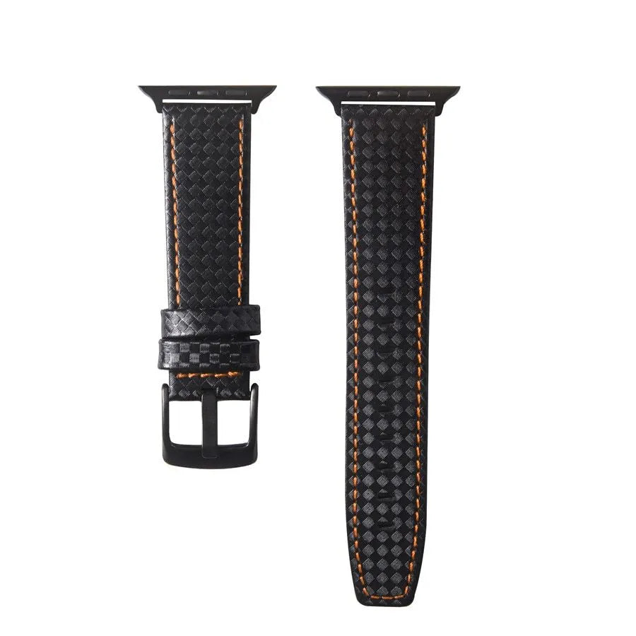 Leather Apple Watch band with carbon fibre pattern case in multiple colour options