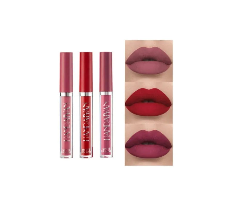 HANDAIYAN matte liquid lipstick tube showing 2.5ml net content, non-fading formula, in one of 13 colour options.