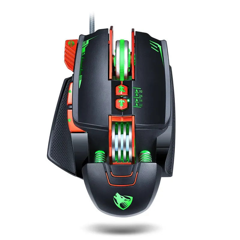 Thunder Wolf V9 black wired gaming mouse with six buttons on a mousepad next to a gaming keyboard.