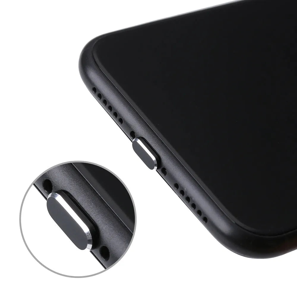 Aluminium alloy dust plug for iPhone charging port in a selection of colours including gold, silver, and rose gold.