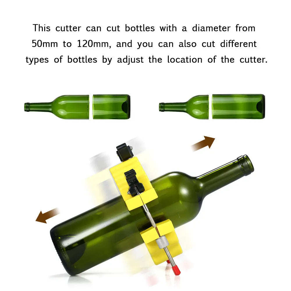 Adjustable glass bottle cutter tool in yellow with stainless steel blade for DIY craft projects