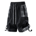 Men's loose-fit cargo shorts in grey with plaid stitching and cargo pockets.