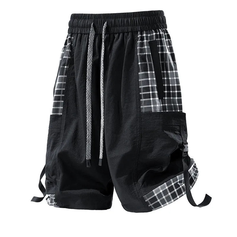 Men's loose-fit cargo shorts in grey with plaid stitching and cargo pockets.