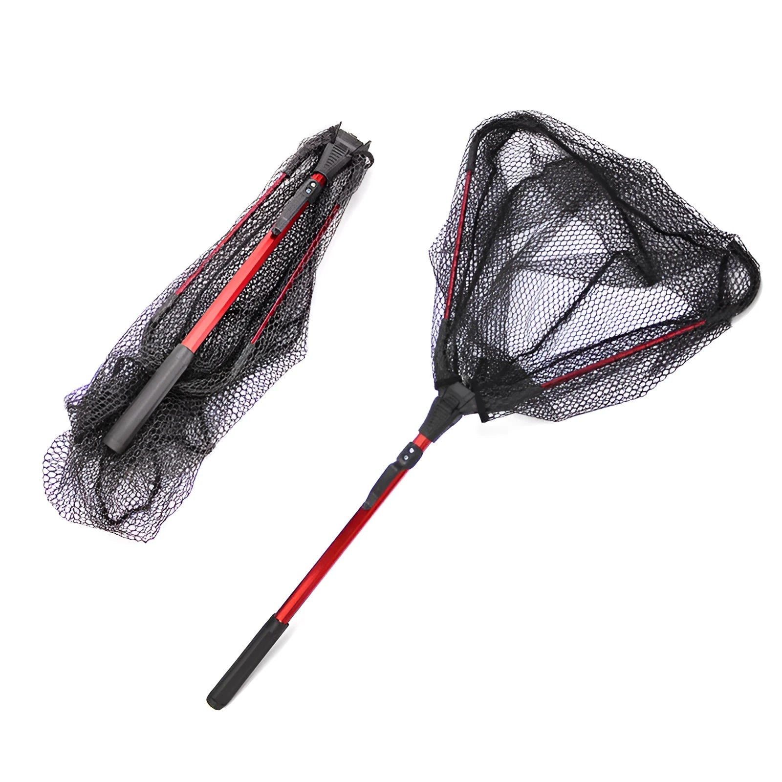 Red aluminium alloy triangular folding dip net collapsed to 47cm length on grass
