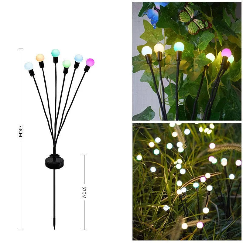 Solar-powered LED firefly ground lights with stainless steel stake for garden installation