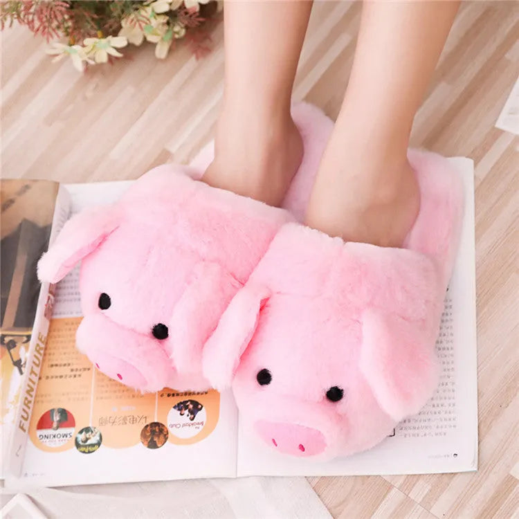 Pink pig floor slippers with short plush fabric and PP cotton filling showing size 36-39 options