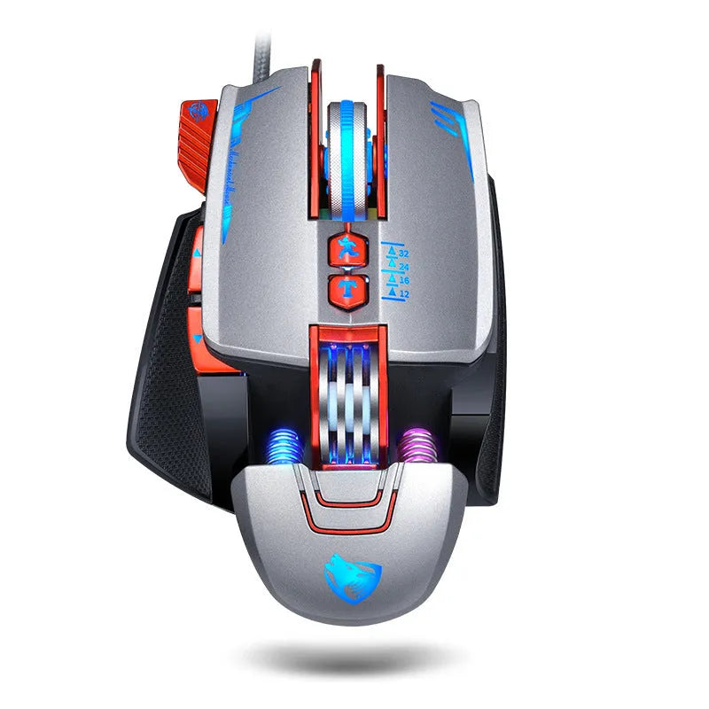 Thunder Wolf V9 black wired gaming mouse with six buttons on a mousepad next to a gaming keyboard.