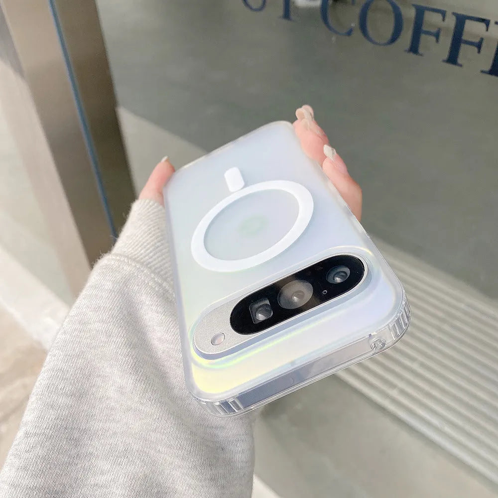 Laser frosted transparent magnetic case for Google phones on a dark surface