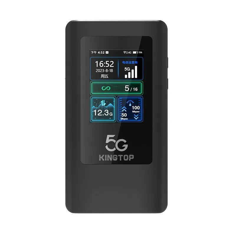 Black portable 5G WiFi router with LCD screen showing 4400mAh battery capacity and compact 125x70x17mm dimensions