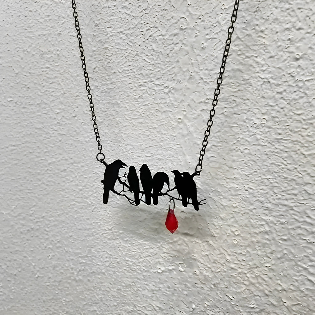 Black electroplated alloy crow necklace with cross chain for women's gothic jewellery