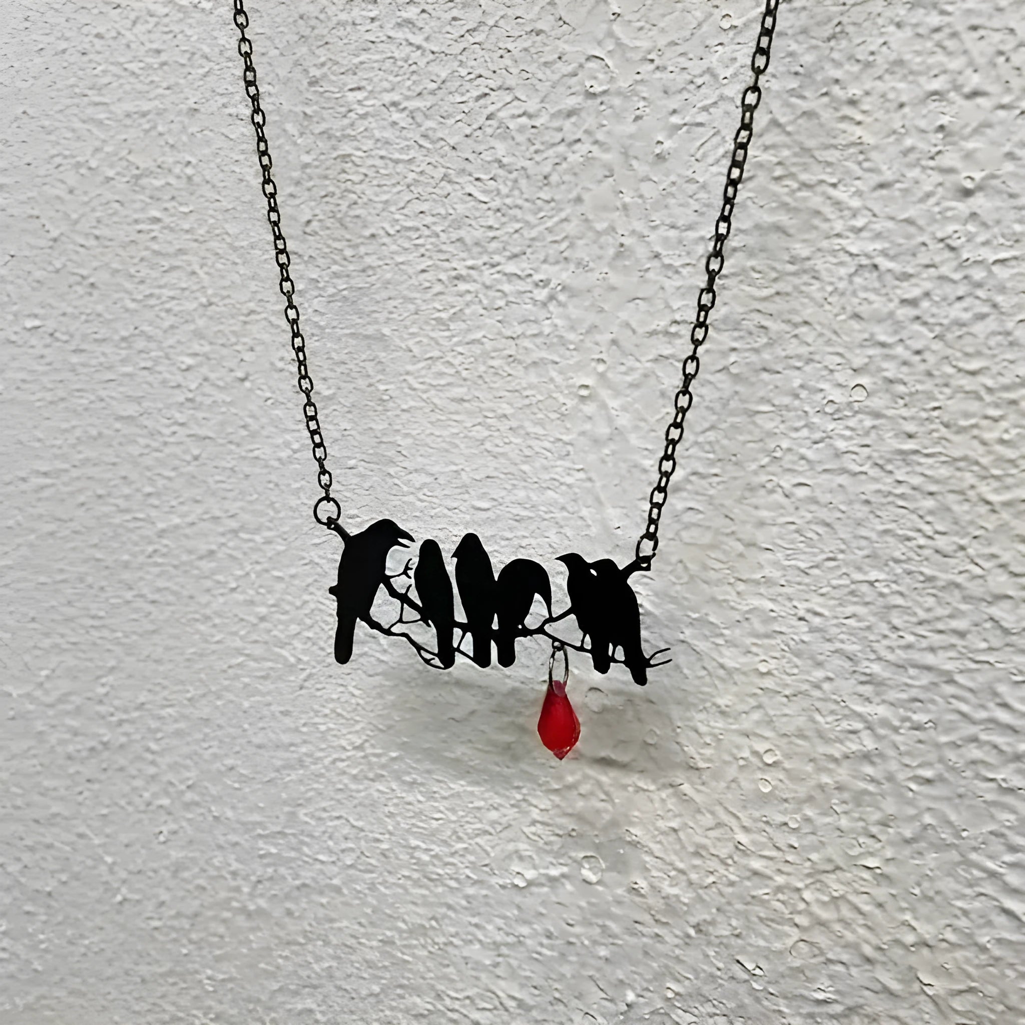 Black electroplated alloy crow necklace with cross chain for women's gothic jewellery