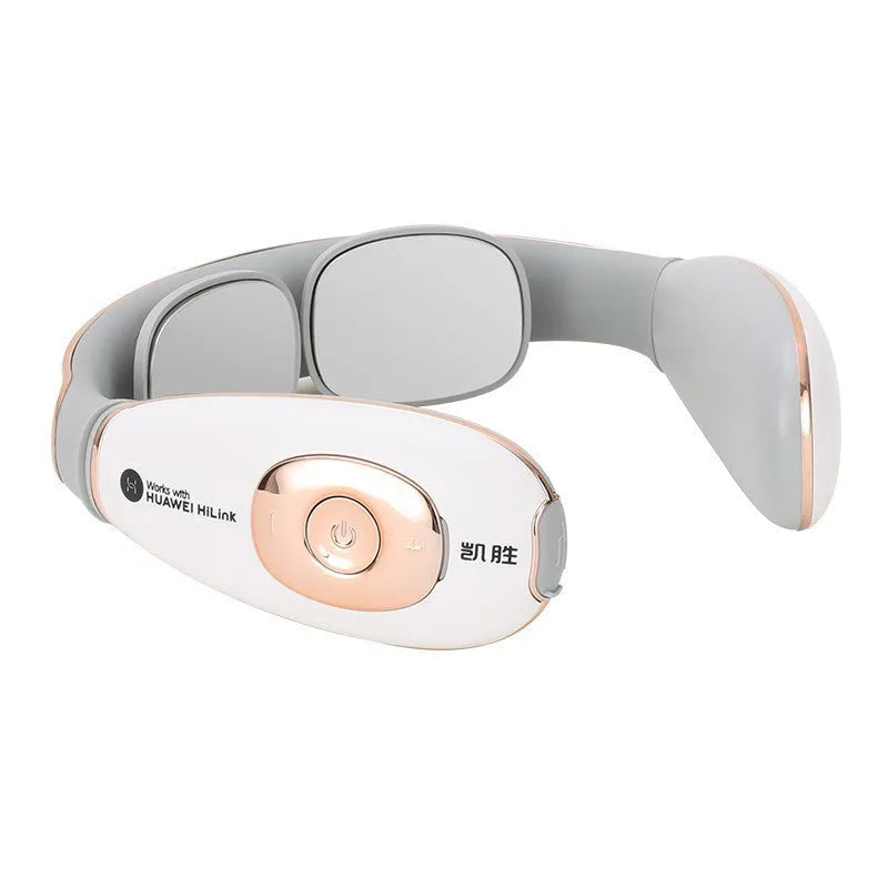 Rechargeable neck massager in white with handheld remote control and kneading function